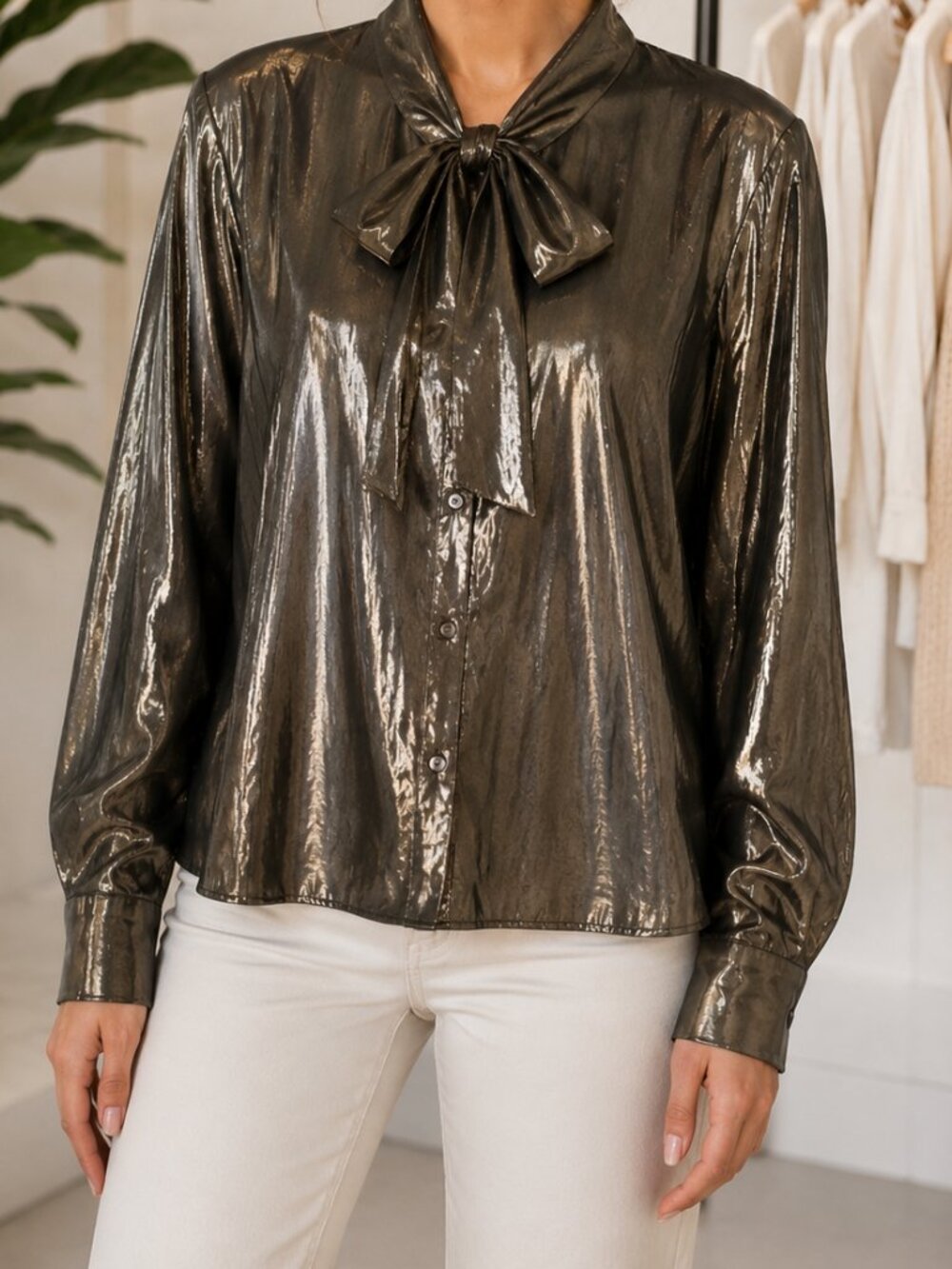 Atmosphere Metallic Bronze Tie-Neck Blouse NWT Women’s Size 6